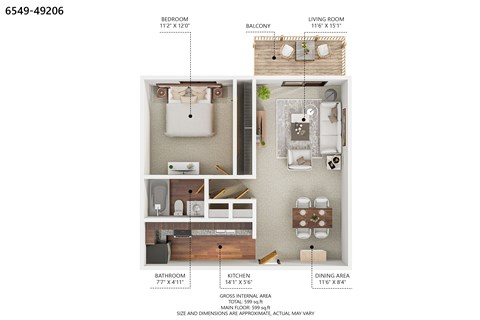 A floor plan of an apartment with a bedroom, living room, kitchen, dining area, and bathroom.
